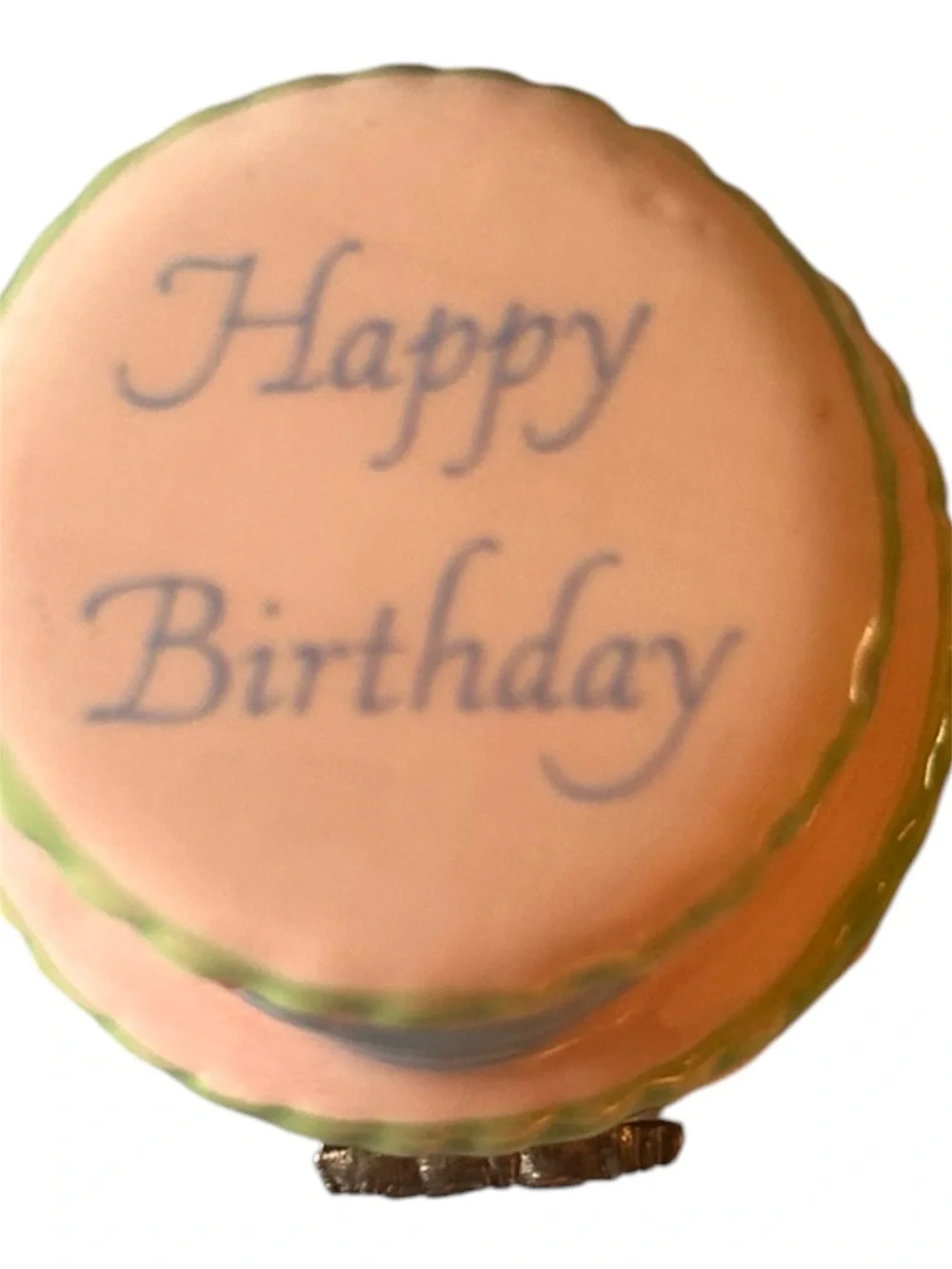 Pink Ceramic Birthday Cake Trinket/Pill Box with Green Trim